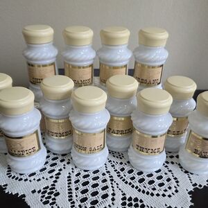 Vintage Milk Glass Spice Jars with Cream Lids - Set of 12
